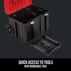 a toolbox with tools in it and the words quick access to tools with removable tray