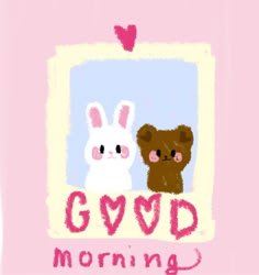 two teddy bears sitting next to each other with the words good morning written below them