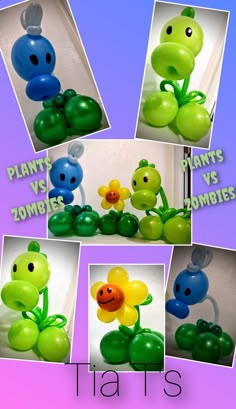 some balloons are in the shape of animals and plants with faces on them, as well as flowers