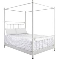 a white metal bed frame with pillows and sheets on top of it, isolated against a white background