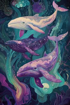 three dolphins swimming in the ocean with bubbles and stars on their back, as if they were