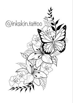 a butterfly and flowers tattoo design on a white background