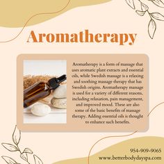 Aromatherapy is commonly used to treat a wide variety of mental and physical problems from stress and anxiety, to headaches and digestive issues. Book today by giving us a call at 954-909-9065! #massage #spa #fortlauderdale Massage Promotion Ideas Social Media, Massage Therapy Content Ideas, Massage Therapy Marketing Social Media, Massage Therapy Flyers, Massage Therapy Social Media Content, Massage Therapy School, Full Body Massage Techniques, Massage Therapy Quotes, Spa Flyer