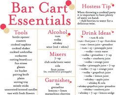 a poster with the words, bar cart essentials and other things to drink in it