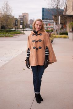 Camel toggle cape, striped sweater, kate spade leather gloves, LOFT jeans and black booties Happy Day After Christmas, Watching Gossip Girl, Chic Winter Outfit, Hood Cape, Winter Fashion Cold, After Christmas Sales, Day After Christmas, Christmas Sales, Winter Outfits For School