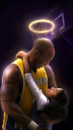 two basketball players embracing each other in front of a hoop with lights above them and the words lakers written on it