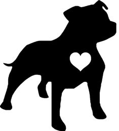 a black and white silhouette of a dog with a heart on it's chest