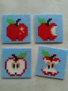 four pieces of perler bead art with an apple on the front and two red apples on the back