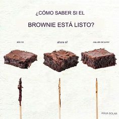 four pieces of brownie sitting on top of toothpicks in front of a white wall