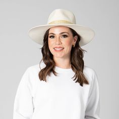 Say I do with this beautiful white fedora made for any Bride. Your look will be complete with lots of love and this perfect hat to match any dress. Features: Brim Size: 3.75" 100% wool Women's one size Wool felt flat brim fedora with gold jacquard band White Fedora, Wide Brim Hat Summer, Sand Collection, Facebook Style, Hat Clips, Felt Fedora, Scarf Poncho, Lots Of Love, Love At First