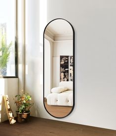 a mirror on the wall next to a potted plant