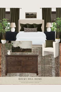 the bedroom is decorated in green and brown tones, with white bedding and pillows