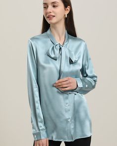 100% Mulberry Silk Breathable & Lightweight Lightweight & Comfortable Type: One Piece Pure Silk Bow Elegant ShirtMaterial: 100% 22Momme Charmeuse Silk. Features: Satin, wear-resistant and stylish. Model Wear: S (Height:173cm / Bust: 82cm / Waist: 59cm / Hips: 89cm).Details:Daisysilk’s shirt will make lazy workday mornings a little bit more luxurious. The relaxed fit won't feel restrictive when you're outing. Silk Button-up Office Top, Silk Collar Top For Work, Silk Office Top With Collar, Office Silk Top With Collar, Solid Color Blouse With Spread Collar For Spring, Daywear Blouse With Spread Collar, Solid Color Daywear Blouse With Spread Collar, Spring Silk Top With Spread Collar, Solid Color Silk Button-up Tops