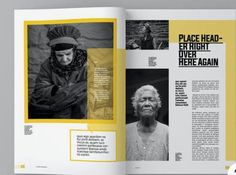 an open magazine with yellow pages and black and white photos on the front, inside page