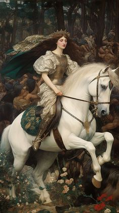 a painting of a woman riding on the back of a white horse in a forest