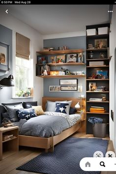 a bed room with a neatly made bed and shelves