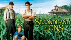 two men standing next to each other in front of a corn field with the words secondhand lions on it