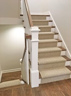 a staircase with carpeted steps and white railing