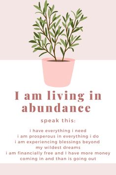 a pink potted plant with the words i am living in abundance written below it