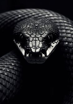 a black and white photo of a snake's head