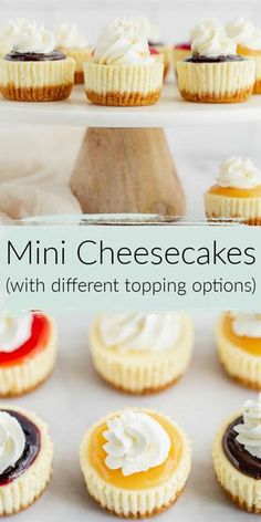 mini cheesecakes with different topping options on a cake platter for desserting