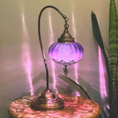 a purple lamp sitting on top of a wooden table next to a potted plant