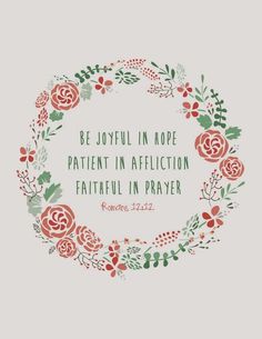 a floral wreath with the words be joyful in hope patient in affiction