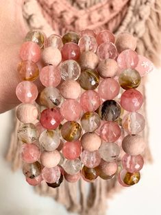 💗Gorgeous Gemstones in Pink and Creamy tones in this Diffuser Bracelet! Simply add 1-2 drops of your favorite oil to the wood beads & carry the therapeutic benefits of essential oils with you all day! Scent may last 1-3 days depending on which oils you use. Materials 10 mm Faceted Quartz Rosewood Latex Free Cord I use a very strong Latex Free cord that will uphold up under every day use of putting your bracelet on and off. Unnecessary stretching of cord will weaken bracelet. 💝 IS THIS A GI Watermelon Quartz, Heart Platforms, Benefits Of Essential Oils, Essential Oil Bracelet, Oil Diffuser Bracelet, Bead Board, Jw Gifts, Diffuser Bracelets, Jewelry Bridesmaid