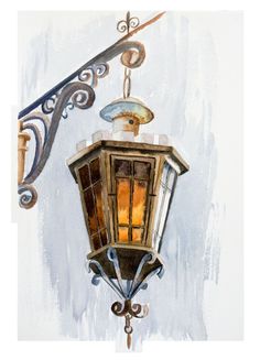 a watercolor painting of a street light hanging from the side of a white wall