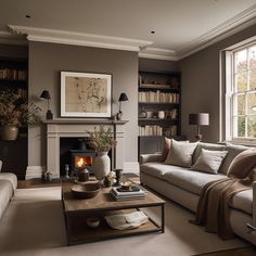 a living room filled with furniture and a fire place under a window next to a book shelf