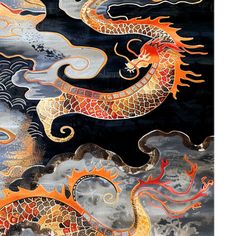 an artistic painting of two dragon in the sky