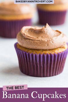 the best banana cupcakes with peanut butter frosting on top are ready to be eaten