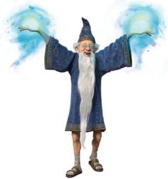 an animated wizard with his arms outstretched and eyes wide open, standing in front of a white background