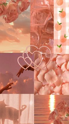 a collage with pink flowers and hearts