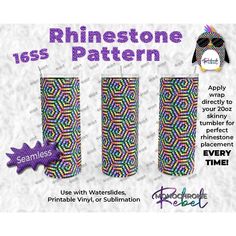 three tall vases with different designs on them and the words rhinestones pattern