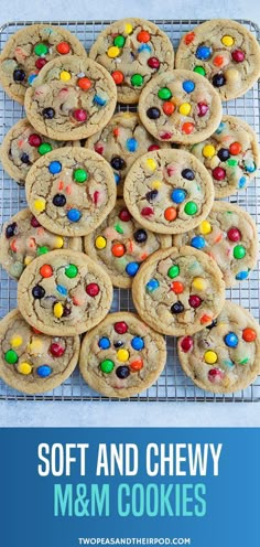 soft and chewy m & m cookies on a cooling rack with text overlay