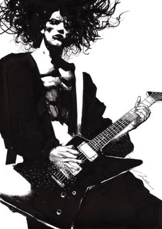 a black and white drawing of a woman with curly hair playing an electric guitar