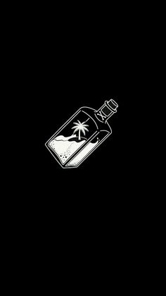 a black and white photo of a bottle with a palm tree on it