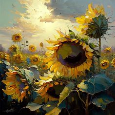 a painting of sunflowers in a field with the sun shining down on them