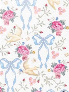 a white background with pink roses and blue ribbons on it's sides, as well as two birds