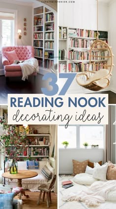 some bookshelves and couches are featured in this collage with the words reading nook decorating ideas