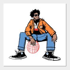 a drawing of a man sitting on top of a ball