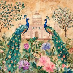 two peacocks standing in front of a building surrounded by flowers