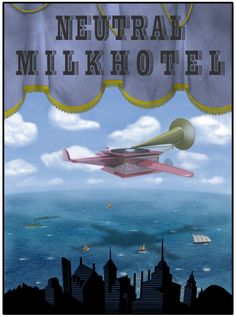 a poster with an airplane flying over the ocean in front of a cityscape