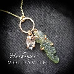 Genuine certified, raw moldavite is sourced by me directly from the Czech Republic. Accompanied by a salt and pepper diamond quartz that suspends from handcrafted hammered hoop & prong settings and finishes with a polished Lybian desert glass bead charm. Moldavite is approximately 1 gram and comes with a certificate of authenticity. ~Pendant pictured has sold. You will receive a similar yet unique moldavite stick like shown in my hand. ~1.1mm delicate yet strong sparkling cable chain ~Wrapped in black gift box ~Handmade in Tennessee Moldavite Necklace, Raw Quartz Necklace, Moldavite Jewelry, Desert Glass, Handmade Jewelry Bracelets, Raw Crystal Necklace, Diy Crystals, Diamond Quartz, Herkimer Diamond