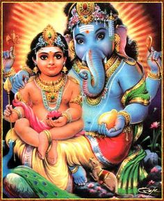 an image of the god ganesha with his baby son in front of him