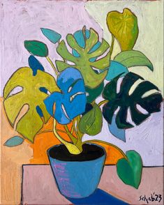 a painting of a potted plant with green leaves and blue flowers on a table