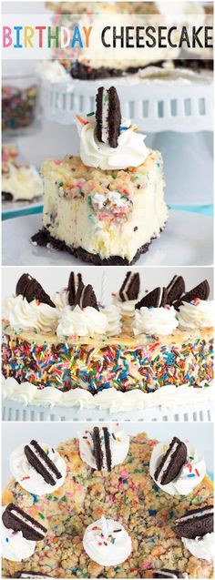 birthday cheesecake with oreo cookies and sprinkles on the top is shown