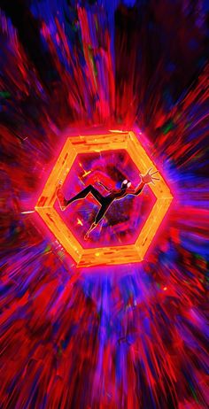 a man is flying through the air in front of a colorful background with hexagonal shapes