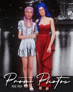 two women standing next to each other in front of a cityscape with the words prom photos on it